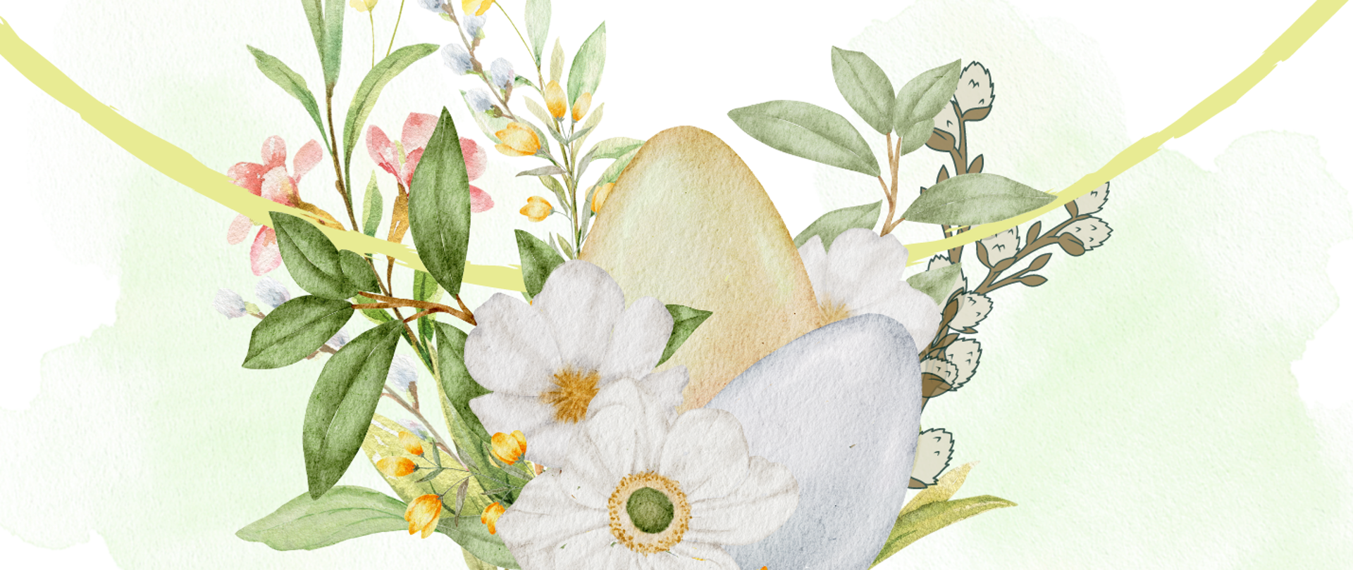 Ikona jajek oraz wiosennych kwiatów, nad nimi życzenia wielkanocne