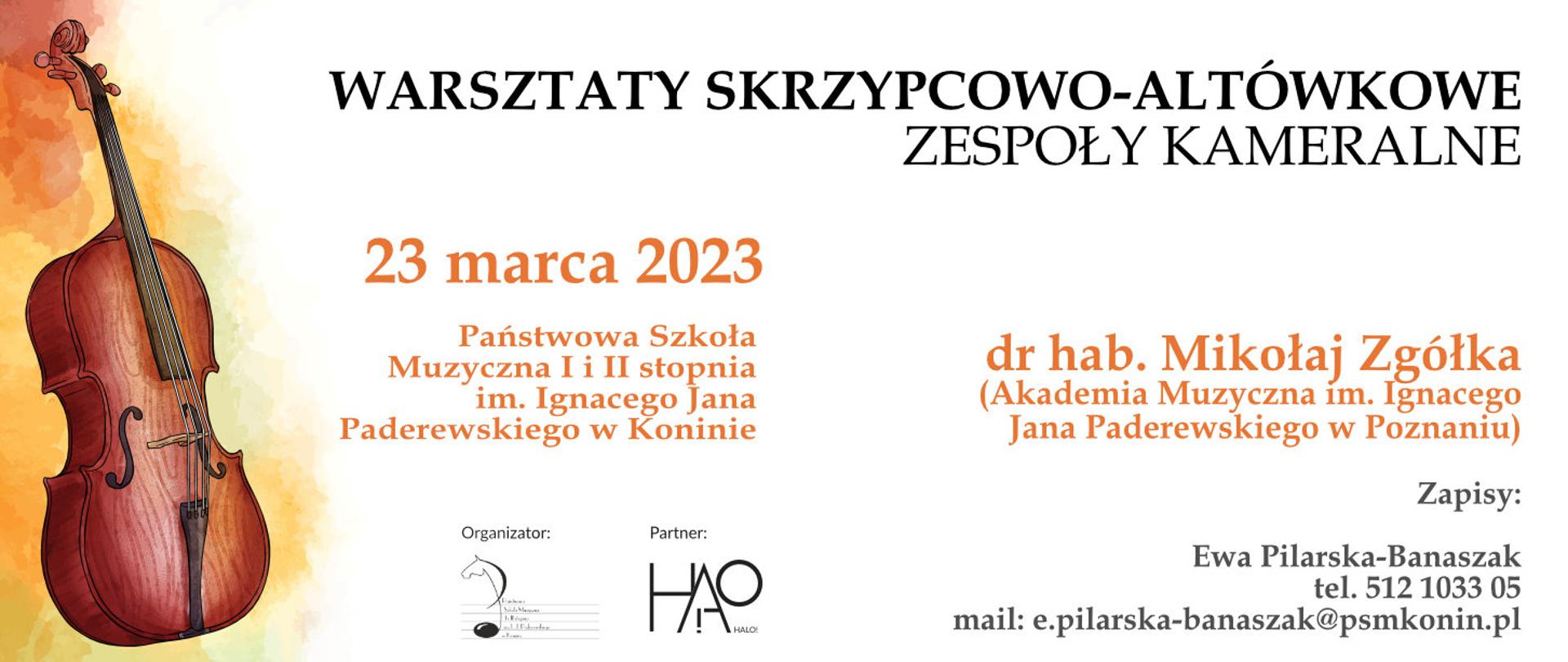 Plakat warsztatów, w lewym rogu grafika przedstawiająca skrzypce na pomarańczowym tle, logo PSM w Koninie i Partnera Halo.