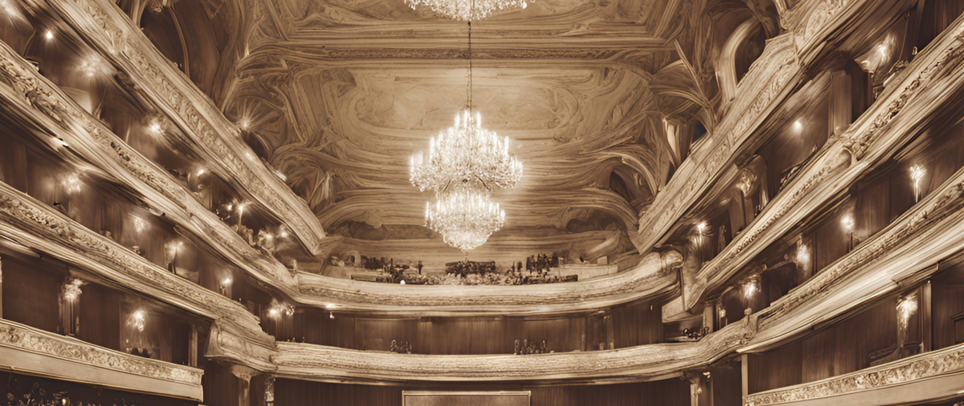 Wnętrze filharmonii w kolorze kremowym, na środku kryształowy żyrandol. Sala jest wypełniona ludźmi i posiada 3 piętra
