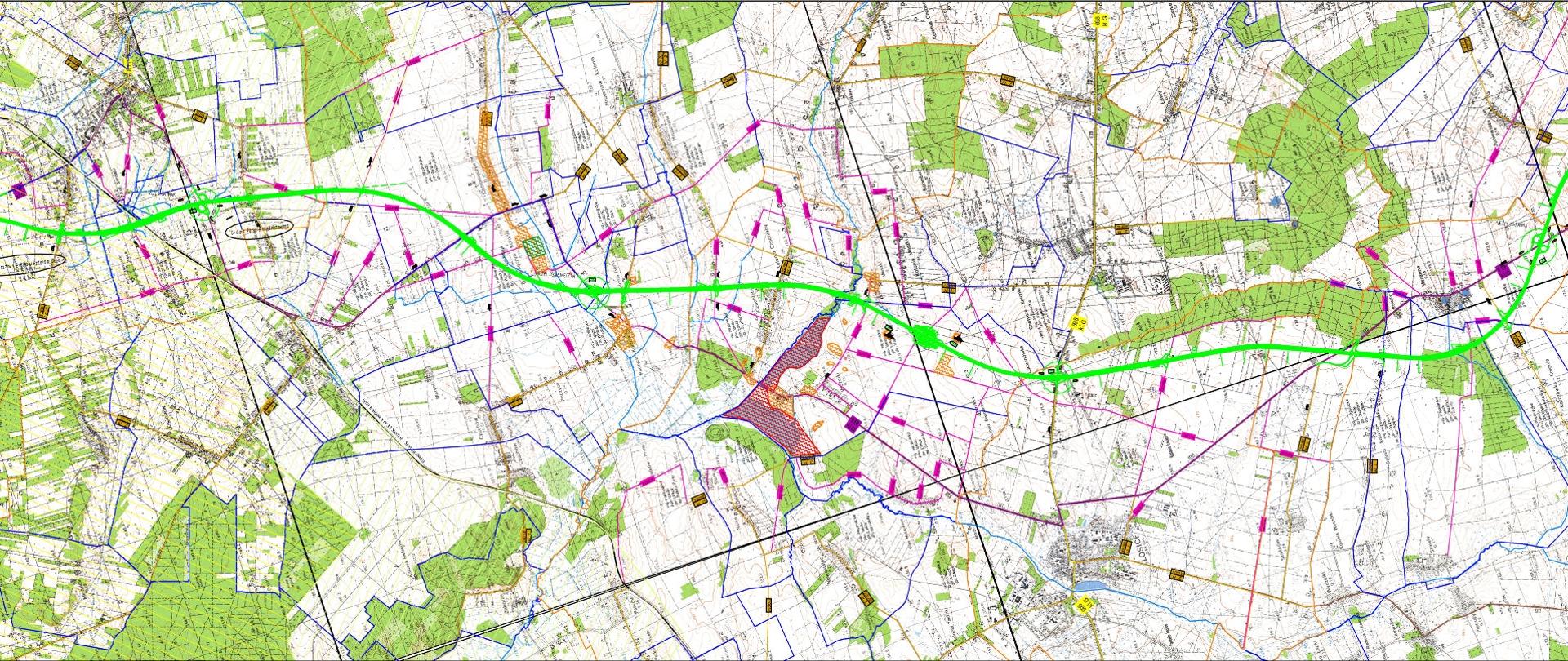 Mapa. Planowany przebieg w drogi S19 w pow. łosickim. Wariant preferowany