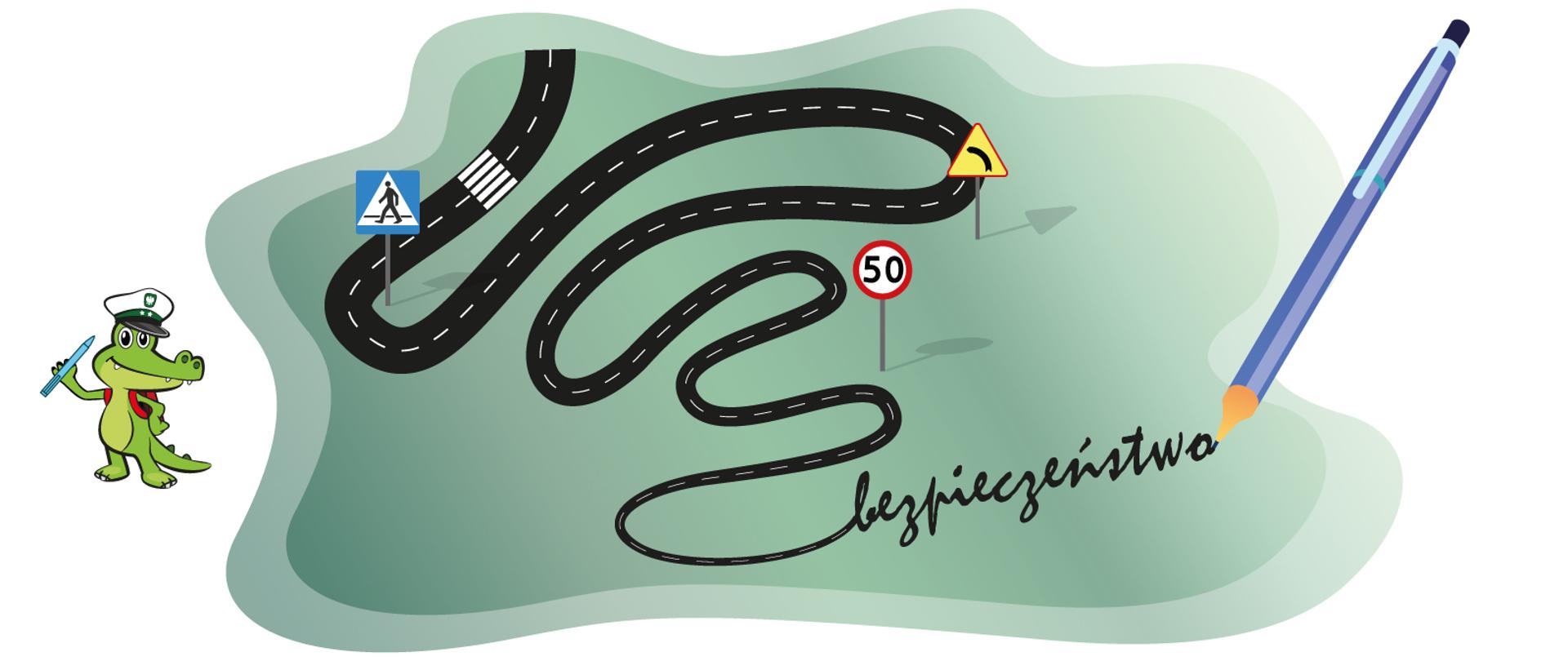 Po lewej stronie krokodylek Tirek - maskotka Głównej Inspekcji Transportu Drogowego. W środku szara grafika w kształcie chmury przedstawiająca czarną jezdnię ze znakami drogowymi. Na końcu jezdni znajduje się długopis i napis bezpieczeństwo