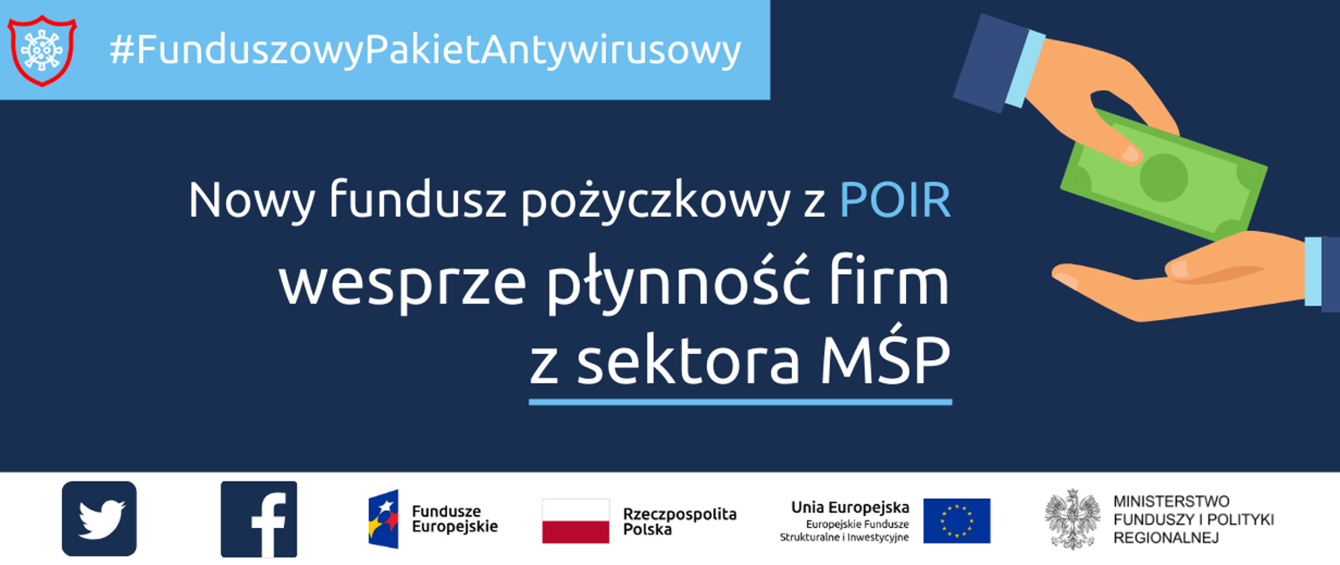 Tekst: Funduszowy Pakiet Antywirusowy. Nowy fundusz pożyczkowy z POIR wesprze płynność firm z sektora MŚP. Po lewej stronie grafika przedstawiająca dwie dłonie podające sobie banknot. Na dole unijne logotypy i flaga Polski