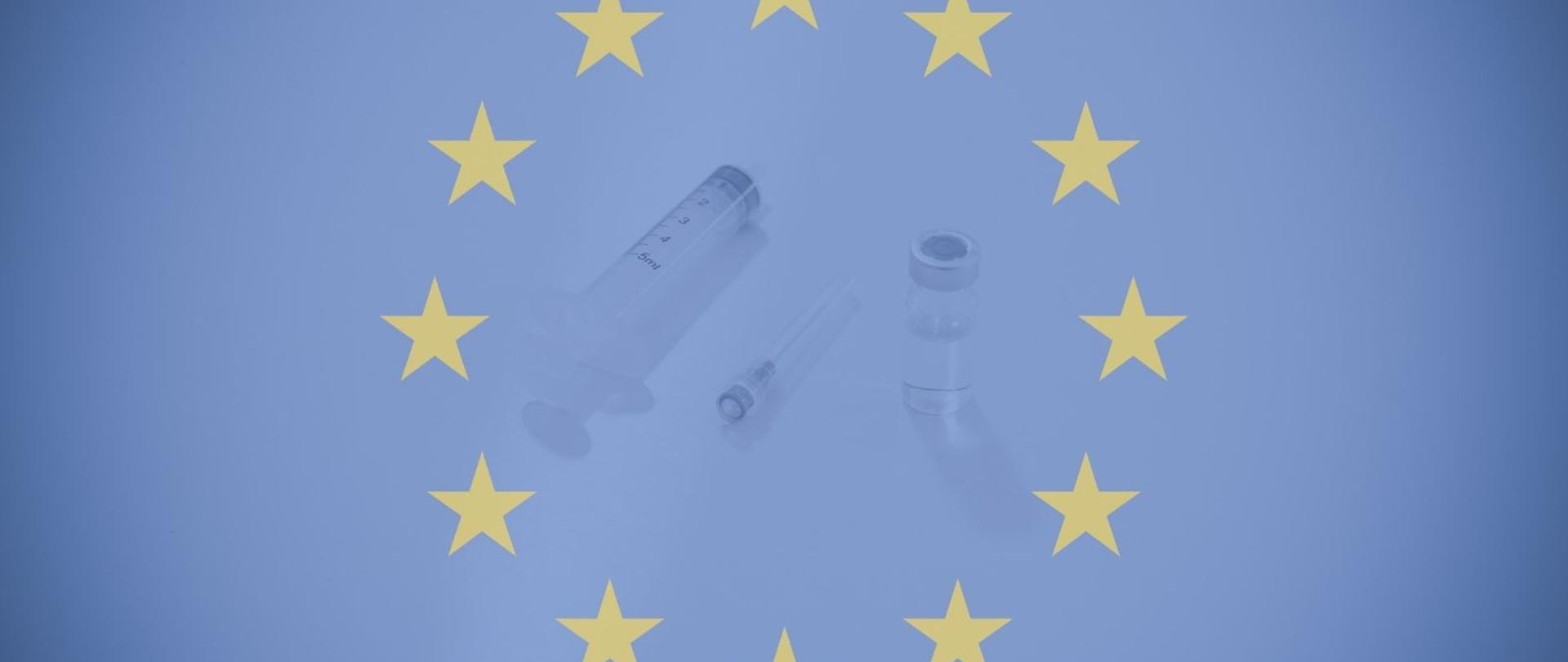 Flaga Unii Europejskiej, w środku okręgu z gwiazdek - szczepionka i strzykawka z igłą