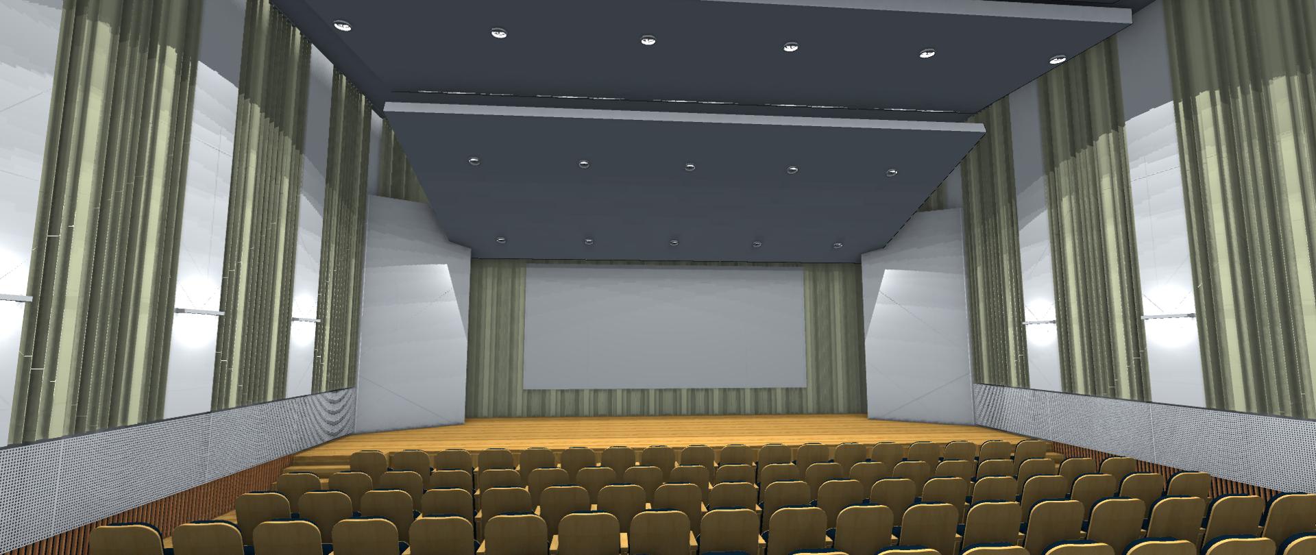 Na zdjęciu sala koncertowa z fotelami, podwieszanym sufitem i panelami akustycznymi na ścianach.