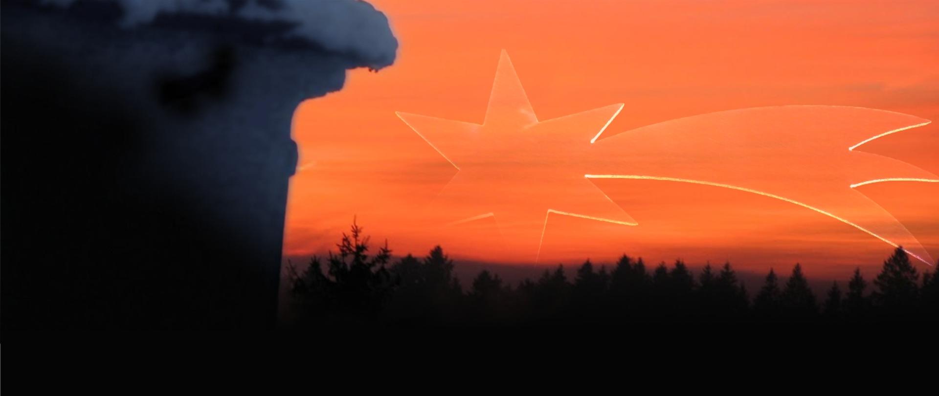 Grafika przedstawia wieczorne niebo z gwiazdą betlejemską