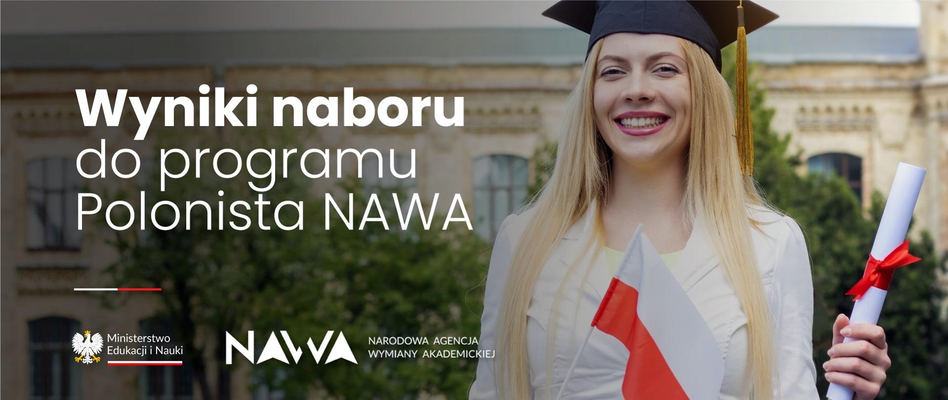 Grafika - uśmiechnięta kobieta z dyplomem w ręku, obok napis Wyniki naboru do programu Polonista NAWA.