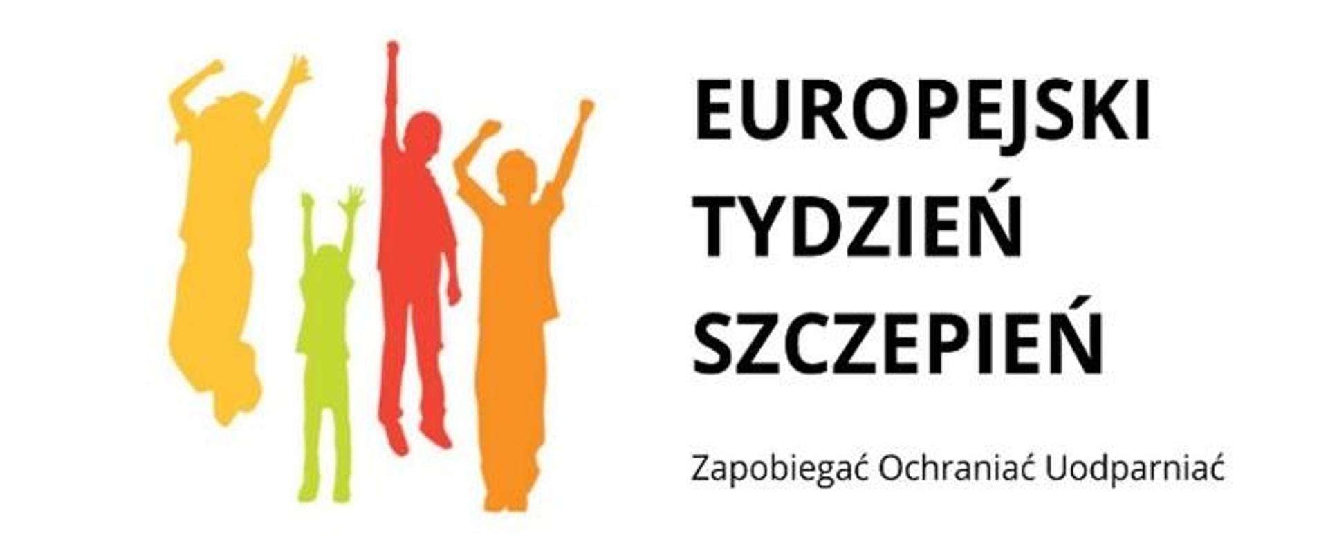 fragment plakatu przedstawiający kolorowe cienie 4 radosnych osób i napis Europejski Tydzień Szczepień 2024 Zapobiegać ochraniać Uodparniać