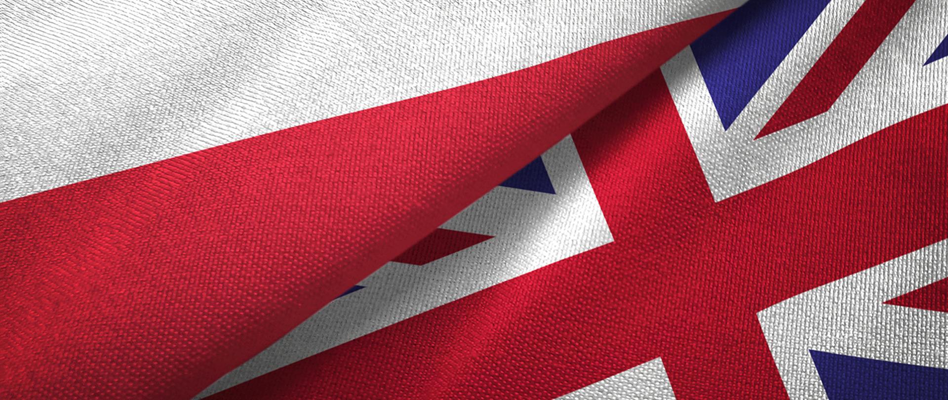 Poland and United Kingdom flags together textile cloth, fabric texture
