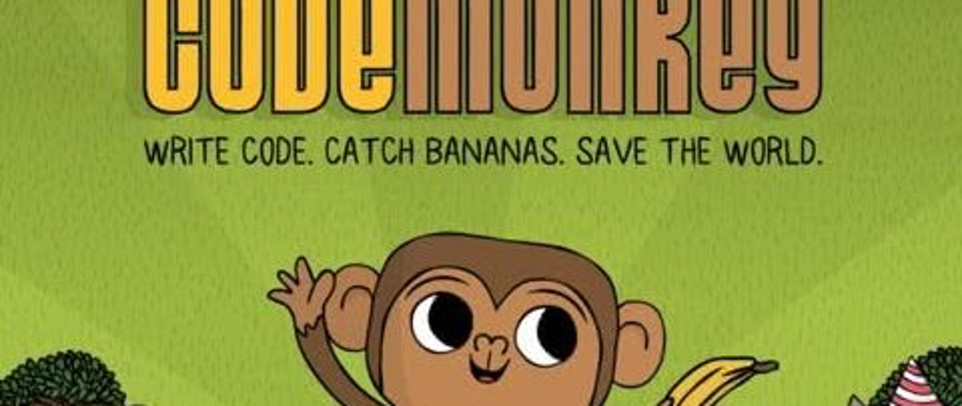 Na zdjęciu widzimy rozbawioną małpkę z bananem w łapce.