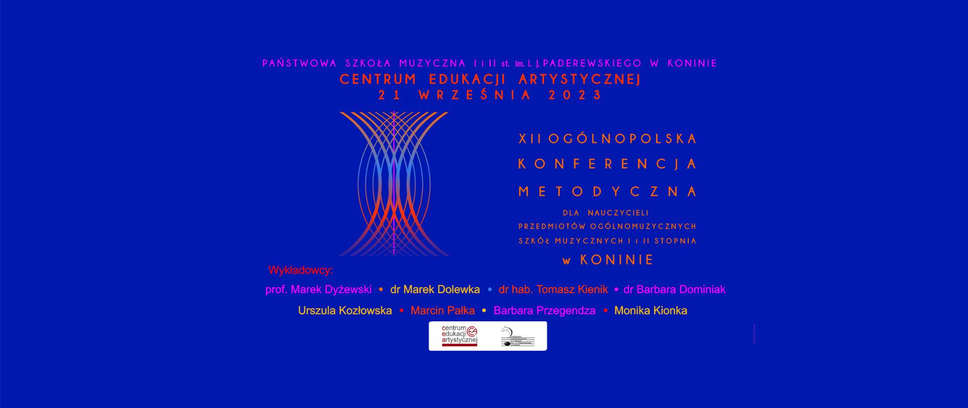Na niebieskim tle szczegóły wydarzenia, nazwiska prowadzących, grafika przedstawiamąca fale dźwiękowe i logo CEA i PSM w Koninie