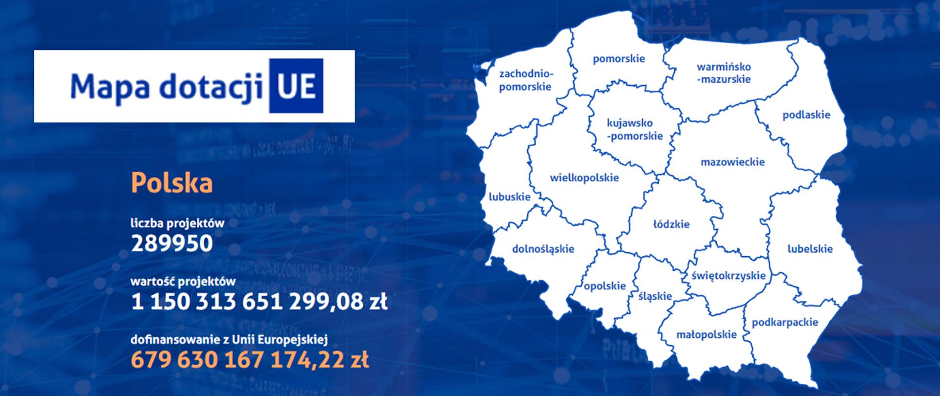 Po prawej mapa Polski w podziale na województwa. Po lewej liczba projektów, ich wartość i dofinansowanie z UE.