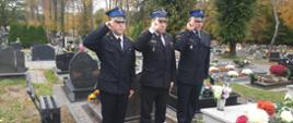 Trzech strażaków salutuje na cmentarzu przed grobem.