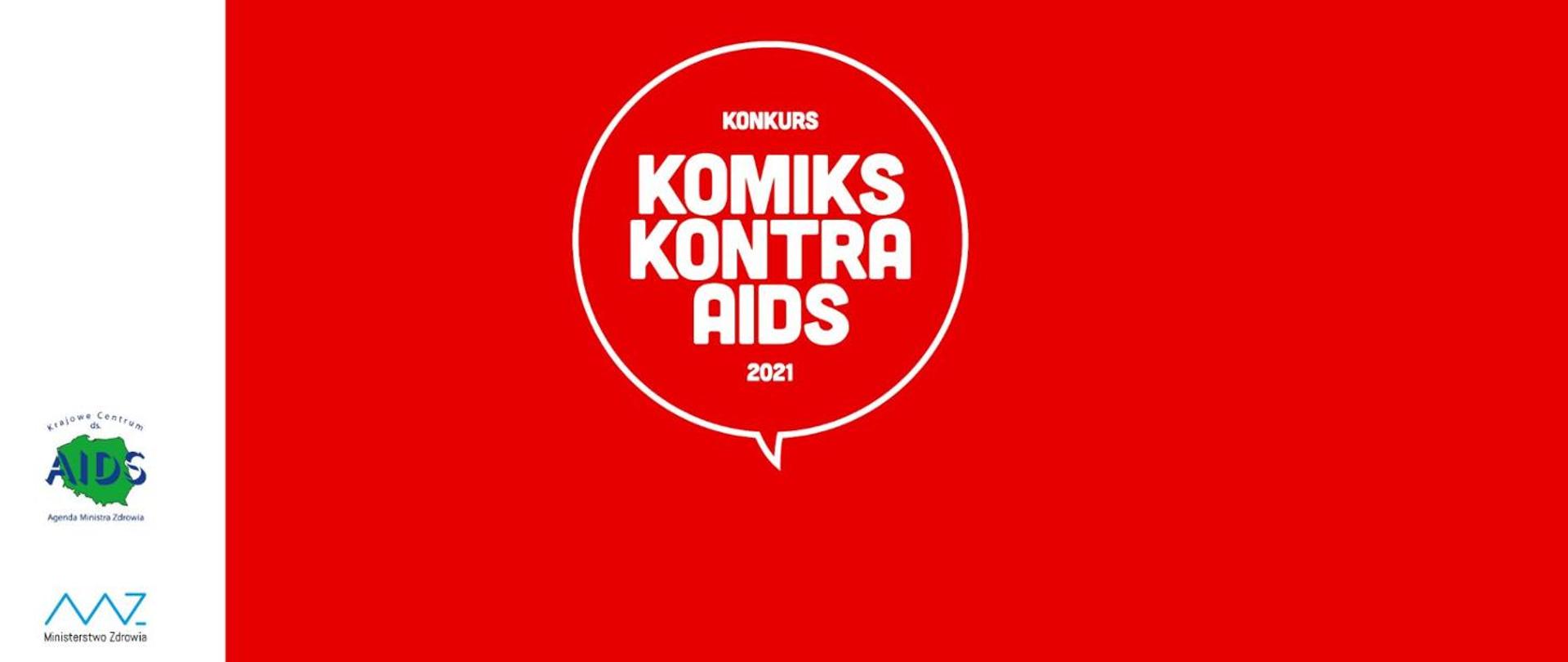 Czerwone tło, w środku napis konkurs KOMIKS KONTRA AIDS 2021