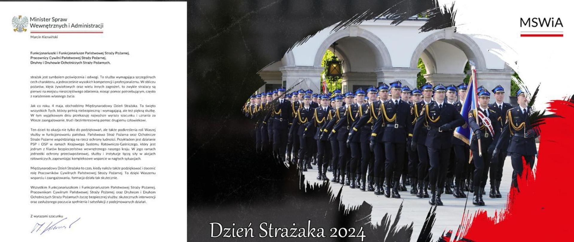 Życzenia Ministra Spraw Wewnętrznych i Administracji z okazji Dnia Strażaka z fotografią strażaków maszerujących ze sztandarem