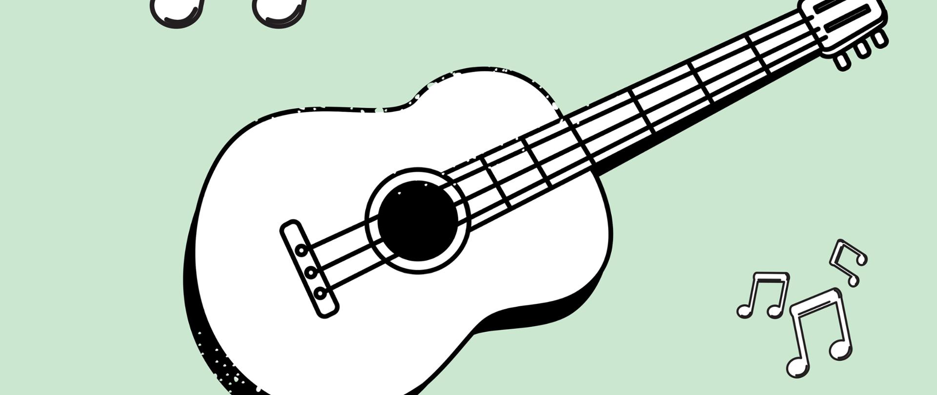 Plakat na zielono szarym tle, na środku biało czarna grafika gitary i nutek, poniżej tekst: Audycja klasy gitary, 30.01.2023 17:00, sala koncertowa PSM