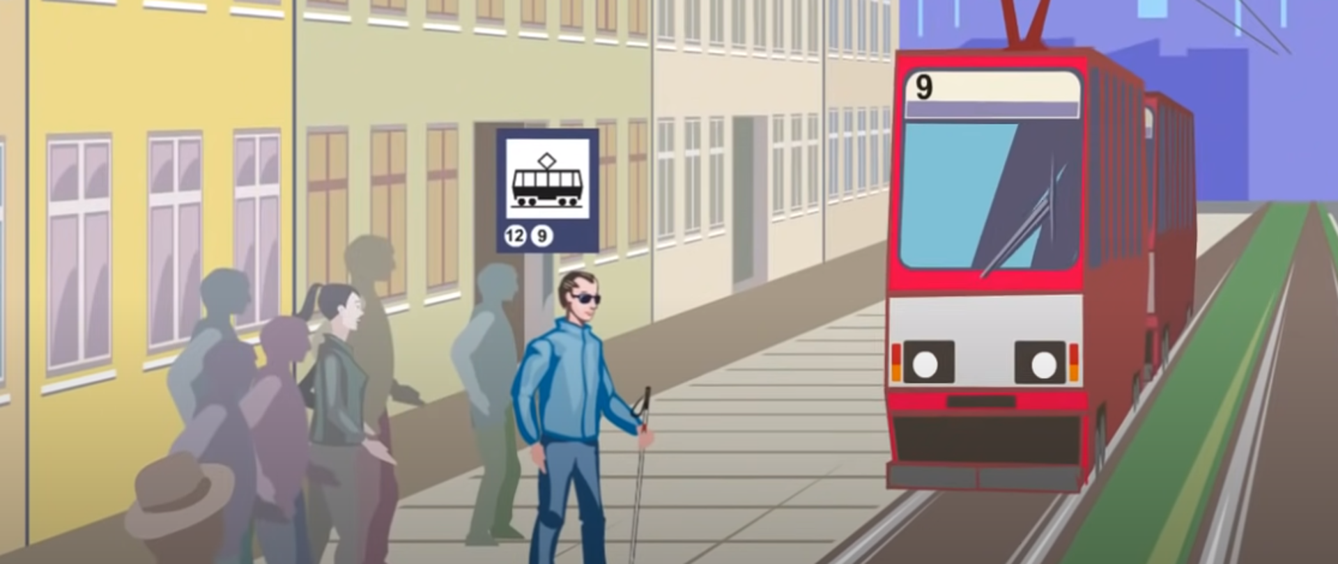 rysunek - mężczyzna w ciemnych okularach, niewidomy czeka na tramwaj na przystanku 