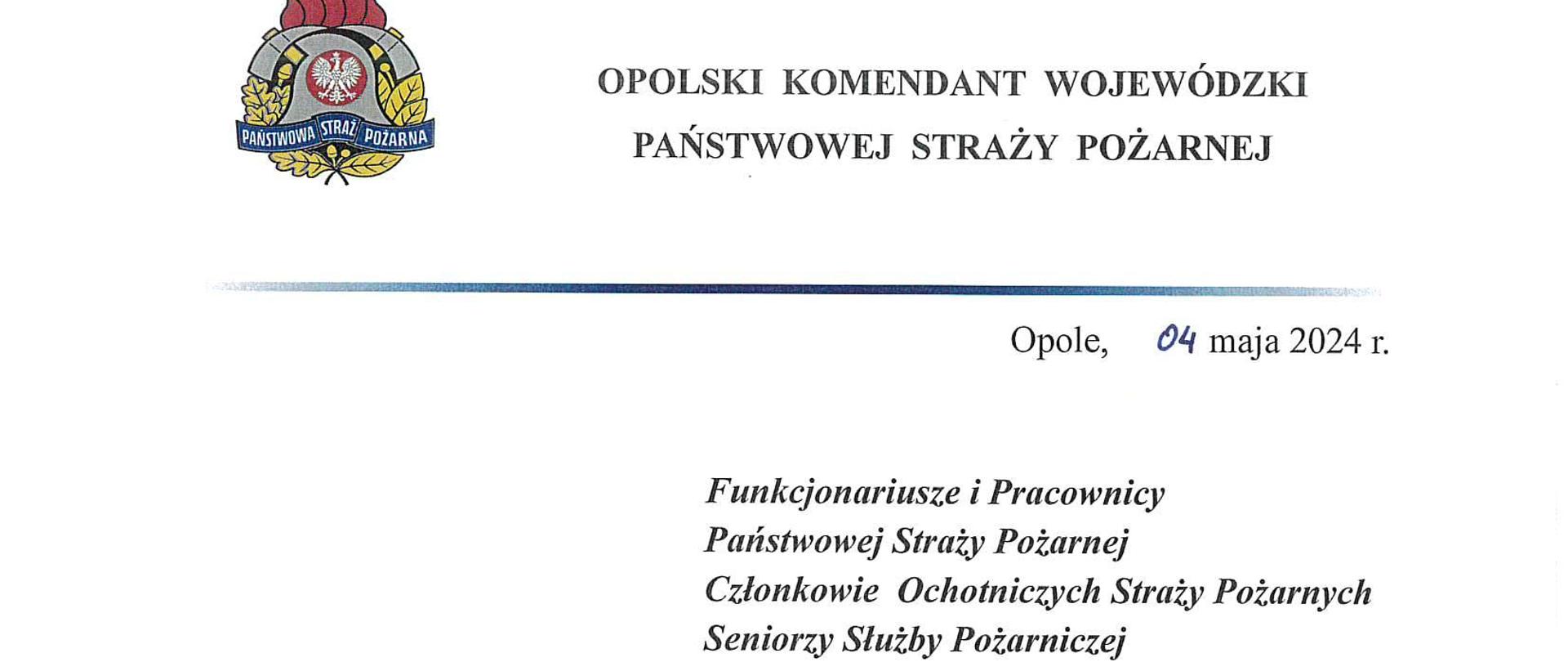 List Opolskiego Komendanta Wojewódzkiego PSP z okazji Międzynarodowego Dnia Strażaka.