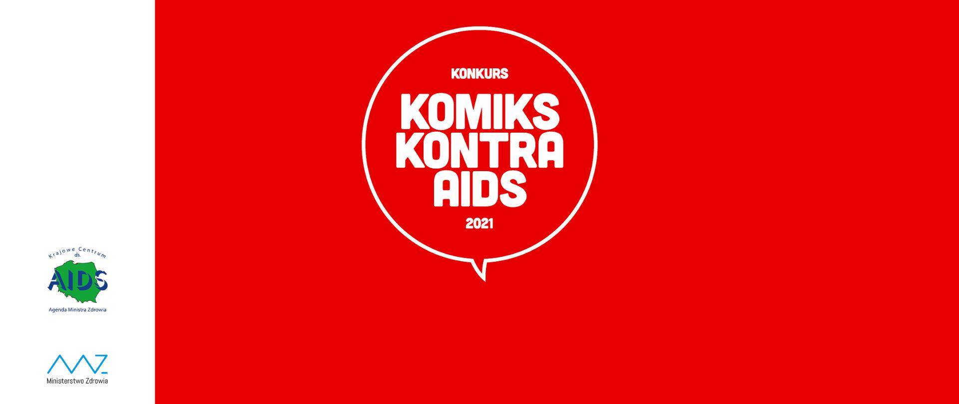 Czerwona grafika, w środku biały dymek z napisem: "Konkurs KOMIKS KONTRA AIDS 2021