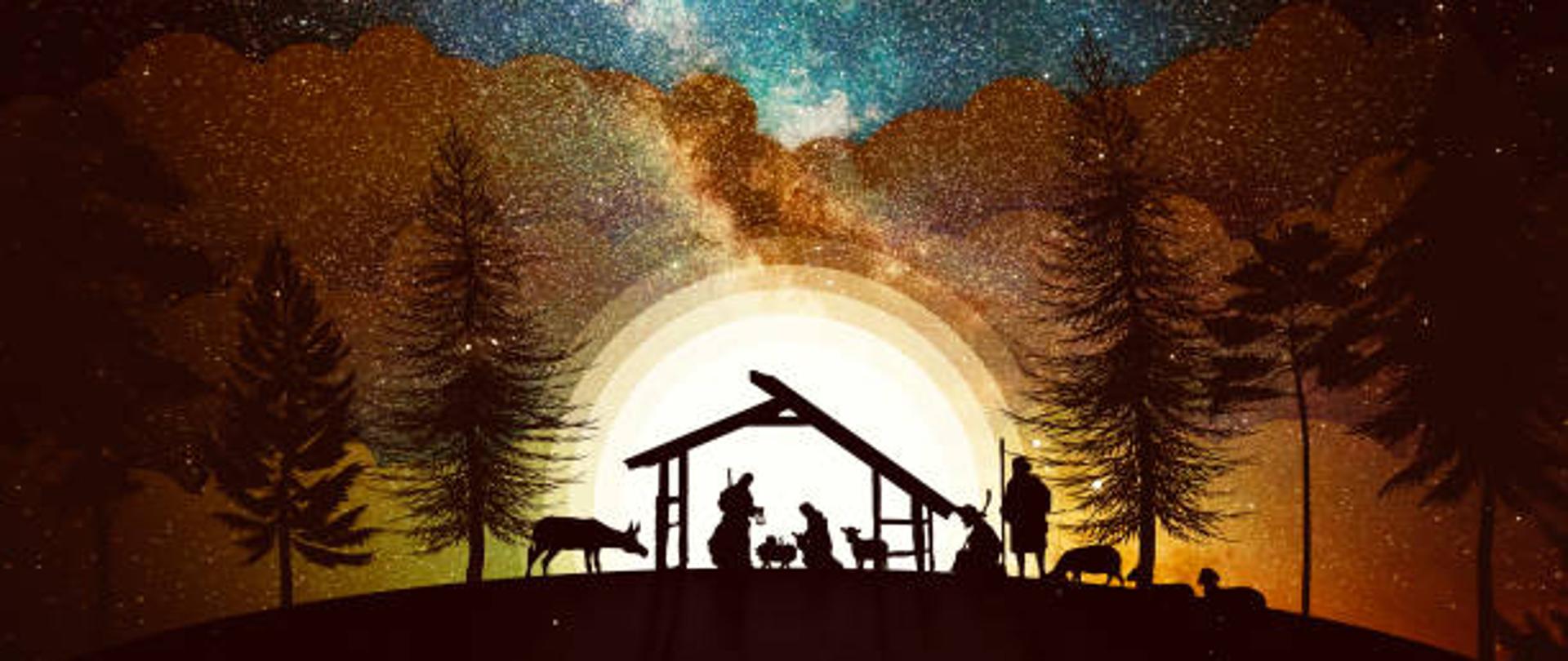 Christmas Scene animation with twinkling stars and nativity characters. Nativity Christmas story under starry sky and moving wispy clouds on golden.