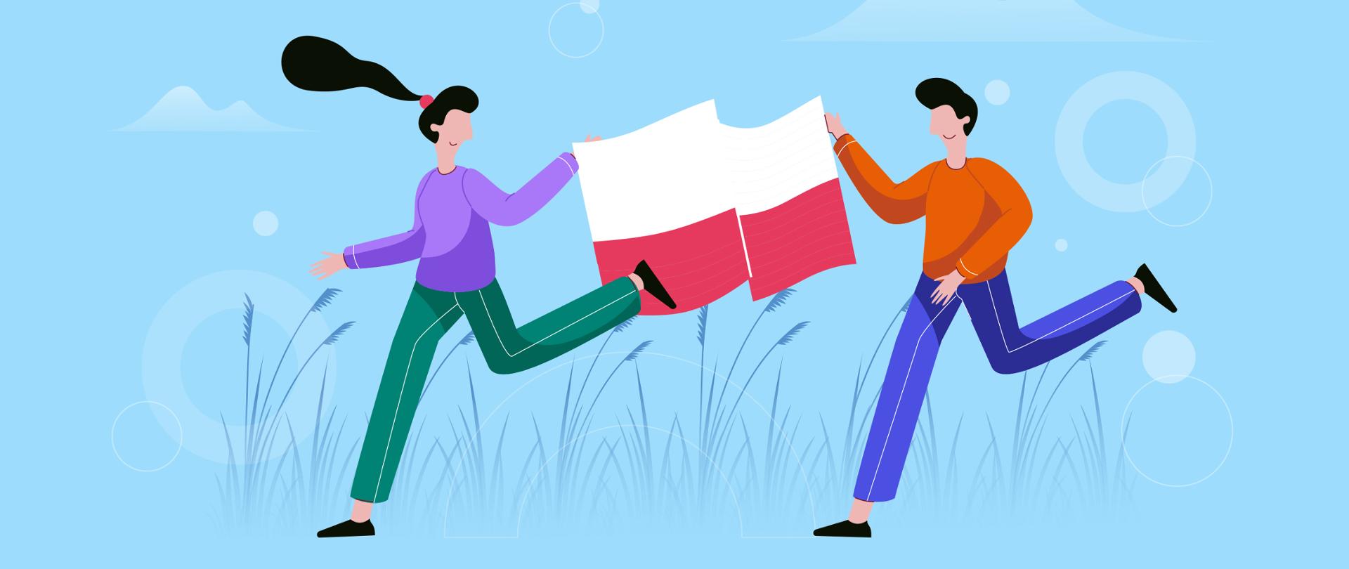 Grafika wektorowa - dwie osoby (kobieta i mężczyzna) biegną trzymając w dłoniach polską flagę.