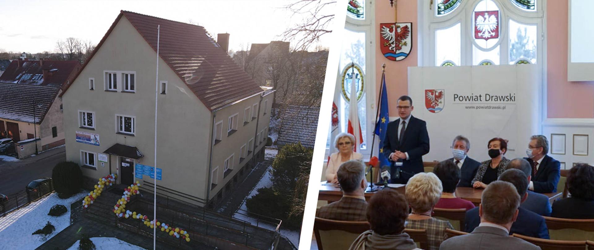 Po lewej stronie budynek Centrum Zdrowia Psychicznego, po prawej stronie wiceminister Paweł Szefernaker podczas przemówienia na uroczystości otwarcia.
