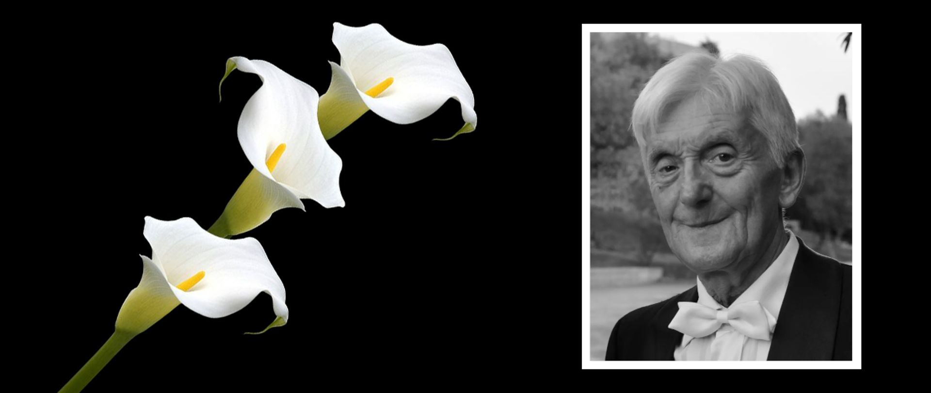 Na czarnym tle trzy białe kwiaty oraz zdjęcie Św. P. Grzegorza Sutta