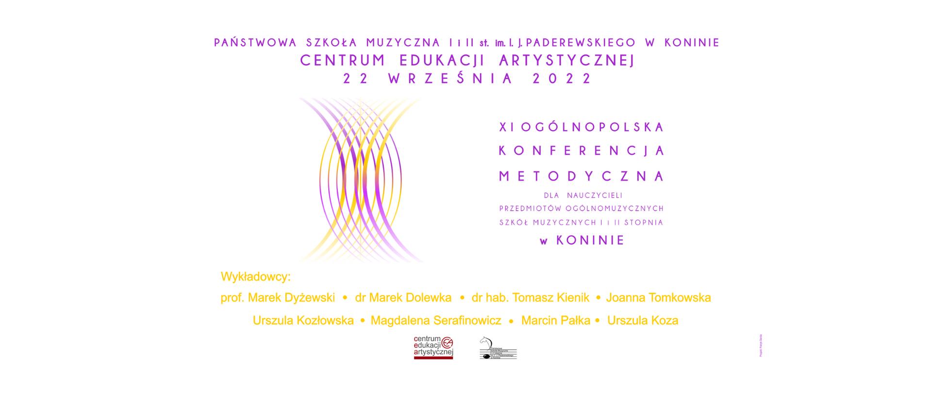 Na białym tle organizatorzy konferencji: PSM I i II st. w Koninie i Centrum Edukacji Artystycznej, data 22.09.2022, czerwono-żółte fale-struny i tytuł konferencji.