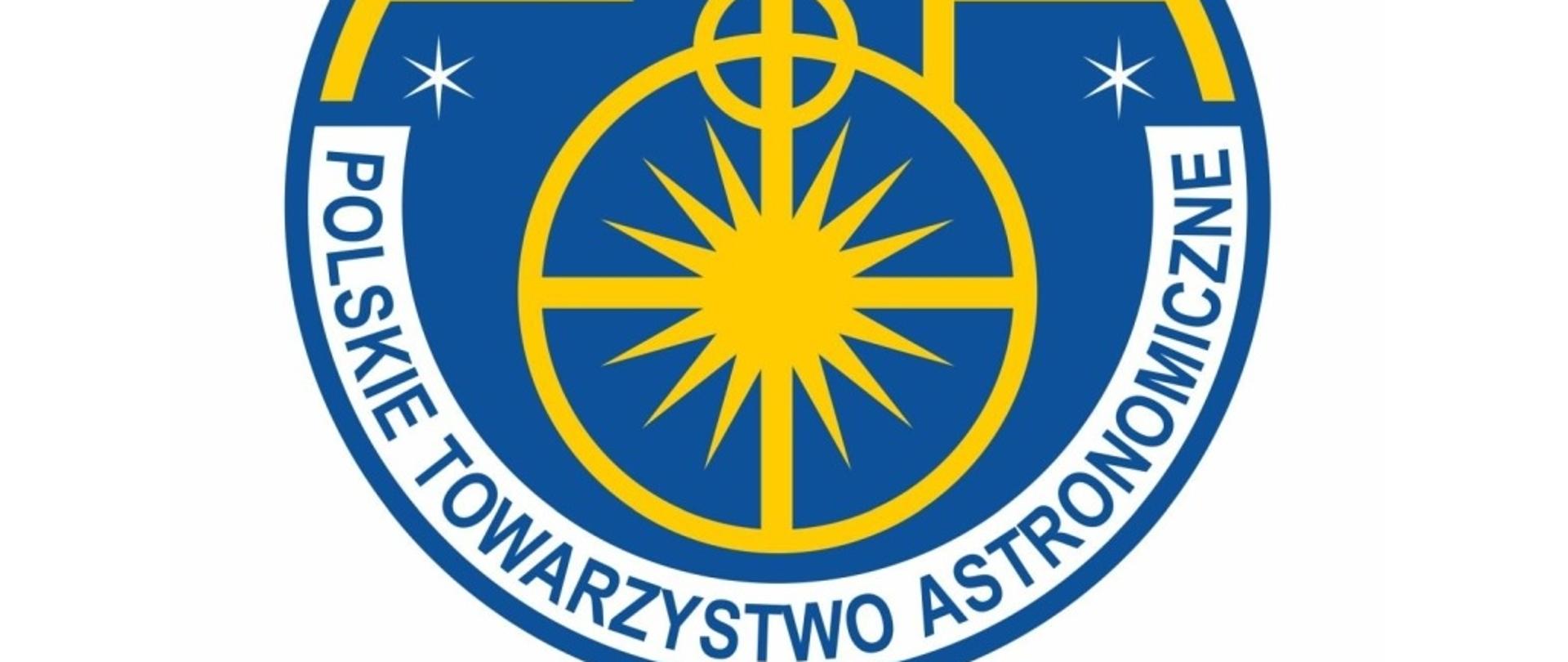 Logo Polskiego Towarzystwa Astronomicznego - stylizowane litery PTA na niebieskim tle