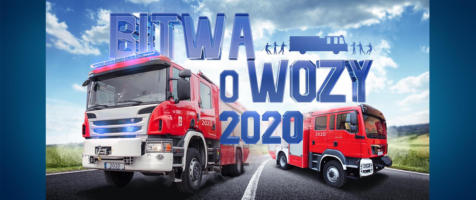 Grafika promująca akcję profrekwencyjną MSWiA, na której widnieją dwa wozy ratowniczo-gaśnicze pędzące ulicą oraz napis: "Bitwa o wozy 2020".