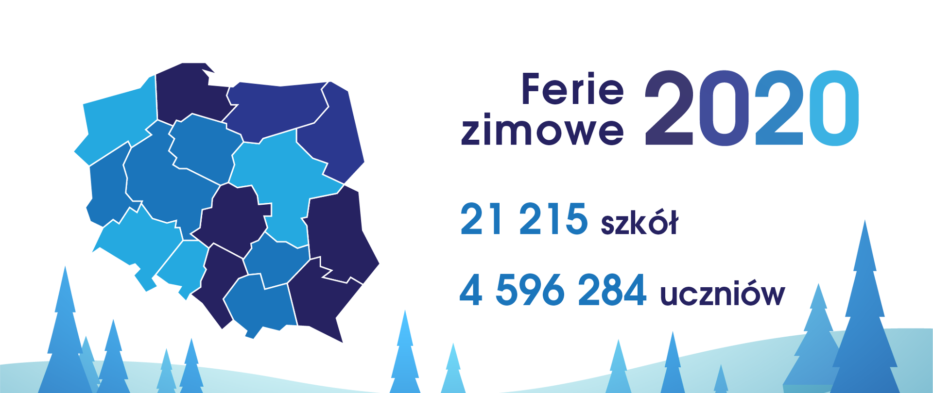 Grafika przedstawiająca mapę Polski z napisem Ferie 2020. 