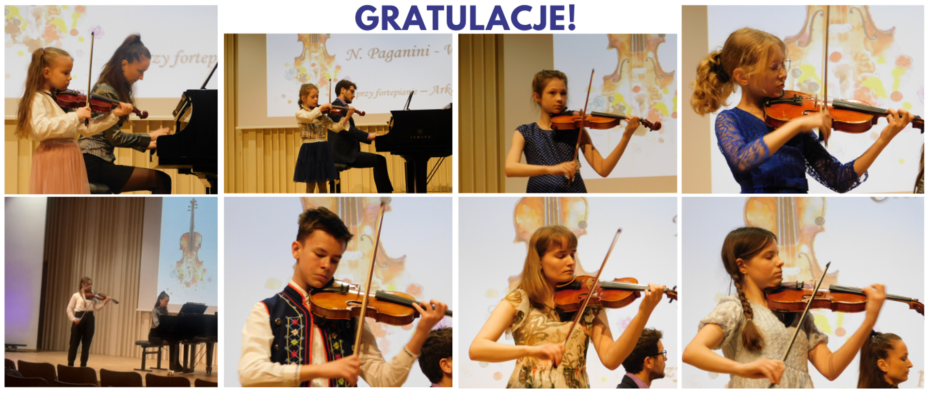 Na zdjęciu osiem ujęć ułożonych w dwóch rzędach po cztery zdjęcia. Na każdym dziecko grające na skrzypcach podczas XIV Kaszubskich Prezentacji Skrzypcowych. Na samej górze granatowy napis "gratulacje"