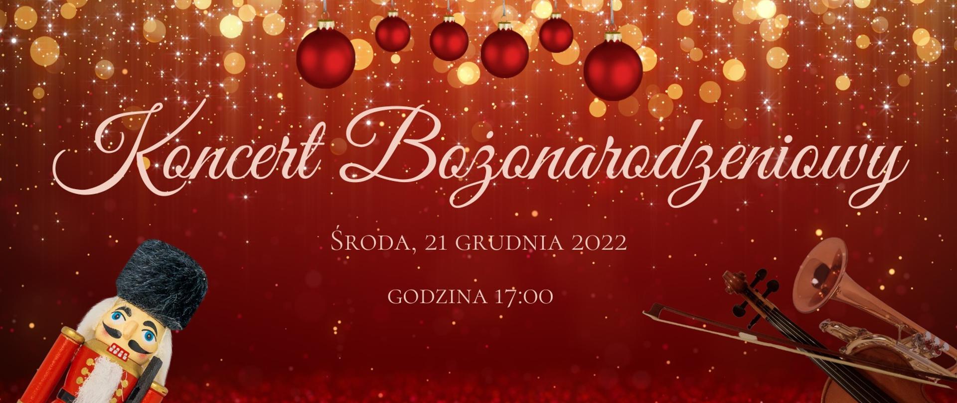 Grafika na czerwonym tle dziadek do orzechów w lewym rogu, data 21 grudnia 2022 środa godzina 17.00