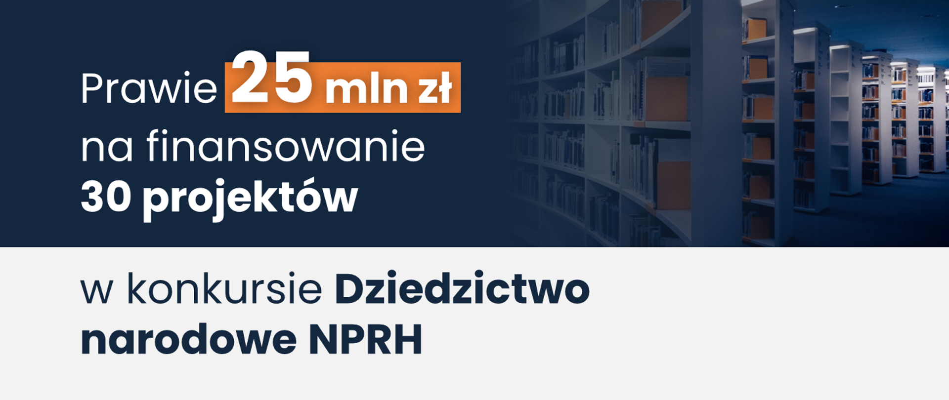 Grafika - na niebieskim tle półki z książkami i napis Prawie 25 mln zł na finansowanie 30 projektów w konkursie Dziedzictwo narodowe NPRH.