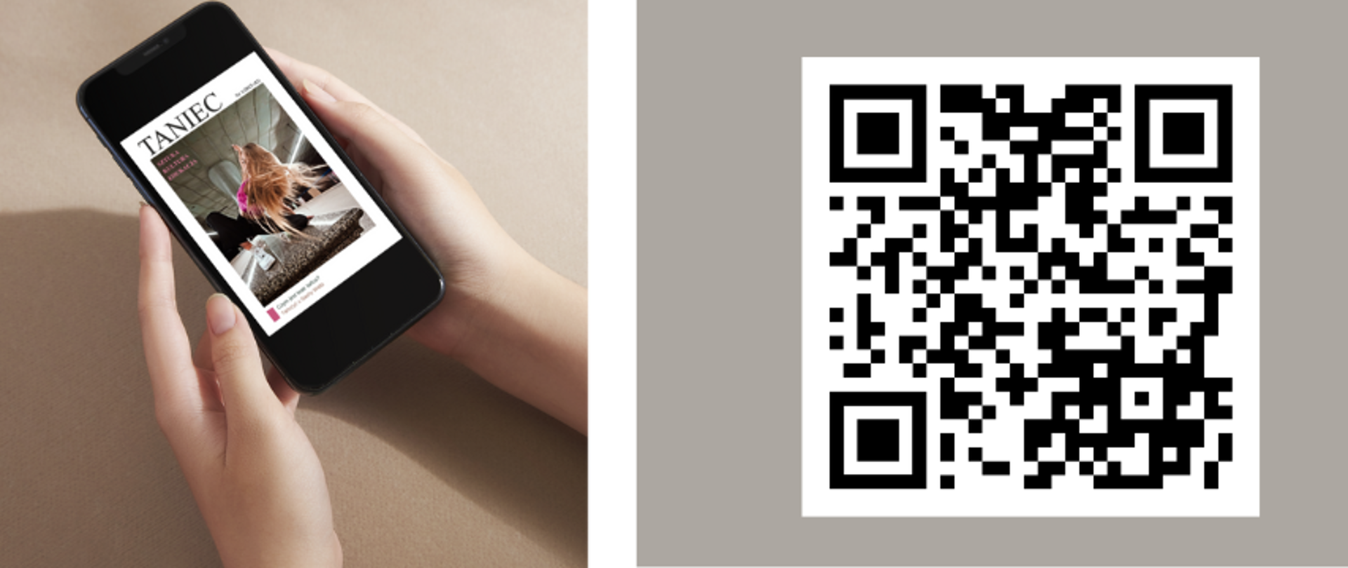 Zdjęcie smartfonu z lewej strony, kodem QR po stronie prawej i tekstem "Zapraszamy do lektury nowego wydania Tańca"