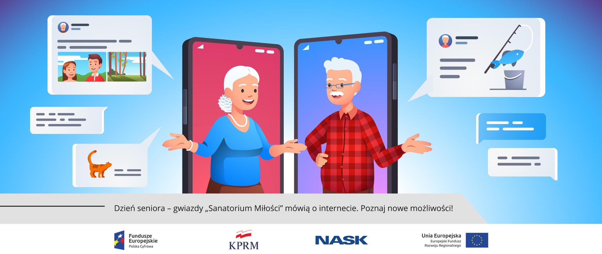 Grafika wektorowa - dwoje uśmiechniętych seniorów (kobieta i mężczyzna) na tle telefonów komórkowych, wokół nich ikony symbolizujące internetowe wiadomości i połączenia.