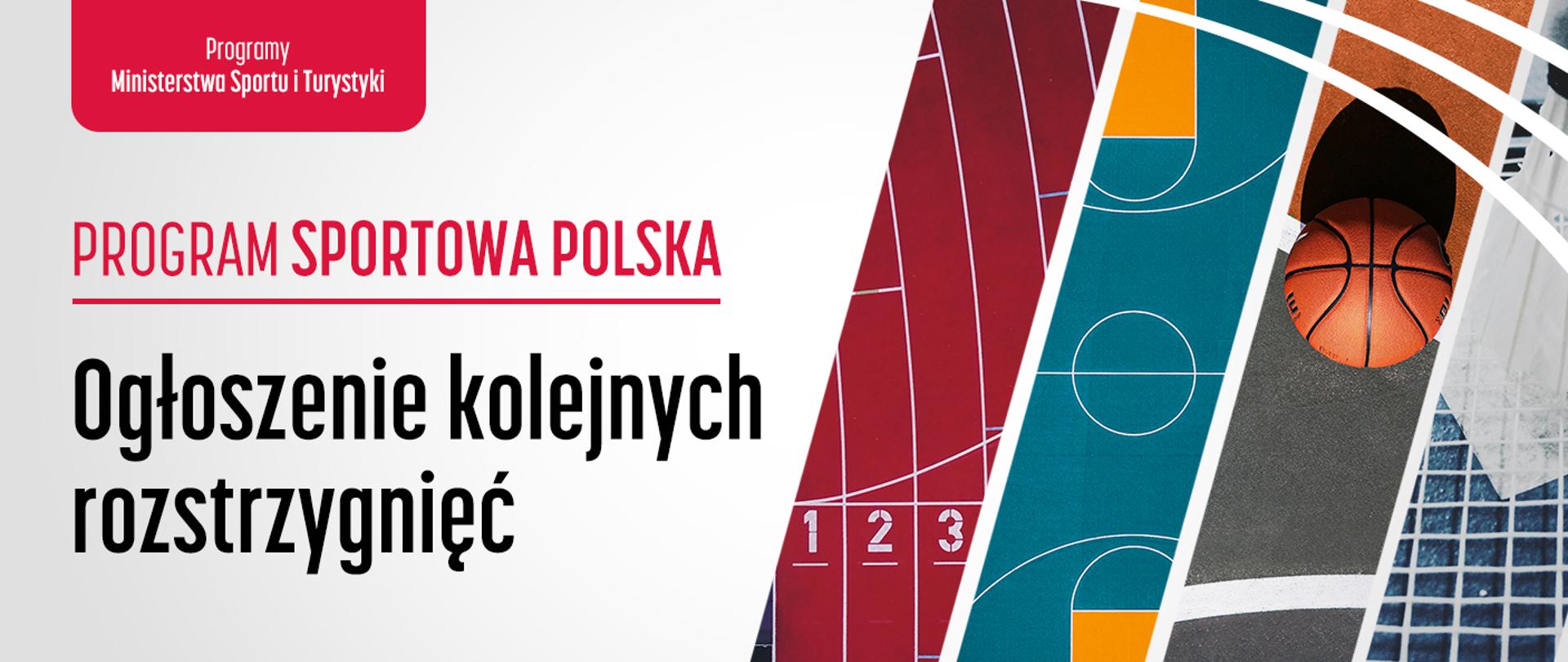 Grafika z napisem Program Sportowa Polska 2022 - ogłoszenie kolejnych rozstrzygnięć. Na grafice piłka do koszykówki, bieżnia lekkoatletyczna, zarys boiska sportowego