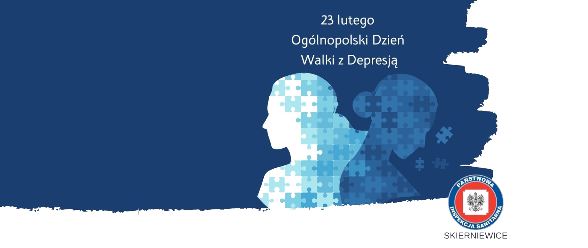 Grafika przedstawia 2 postacie na niebieskim tle symbolizujące emocjonalne załamanie pod wpływem depresji nad nimi znajduje się napis "23 Lutego Ogólnopolski Dzień Walki z Depresją", w prawym dolnym rogu znajduje się logo stacji w Skierniewicach.