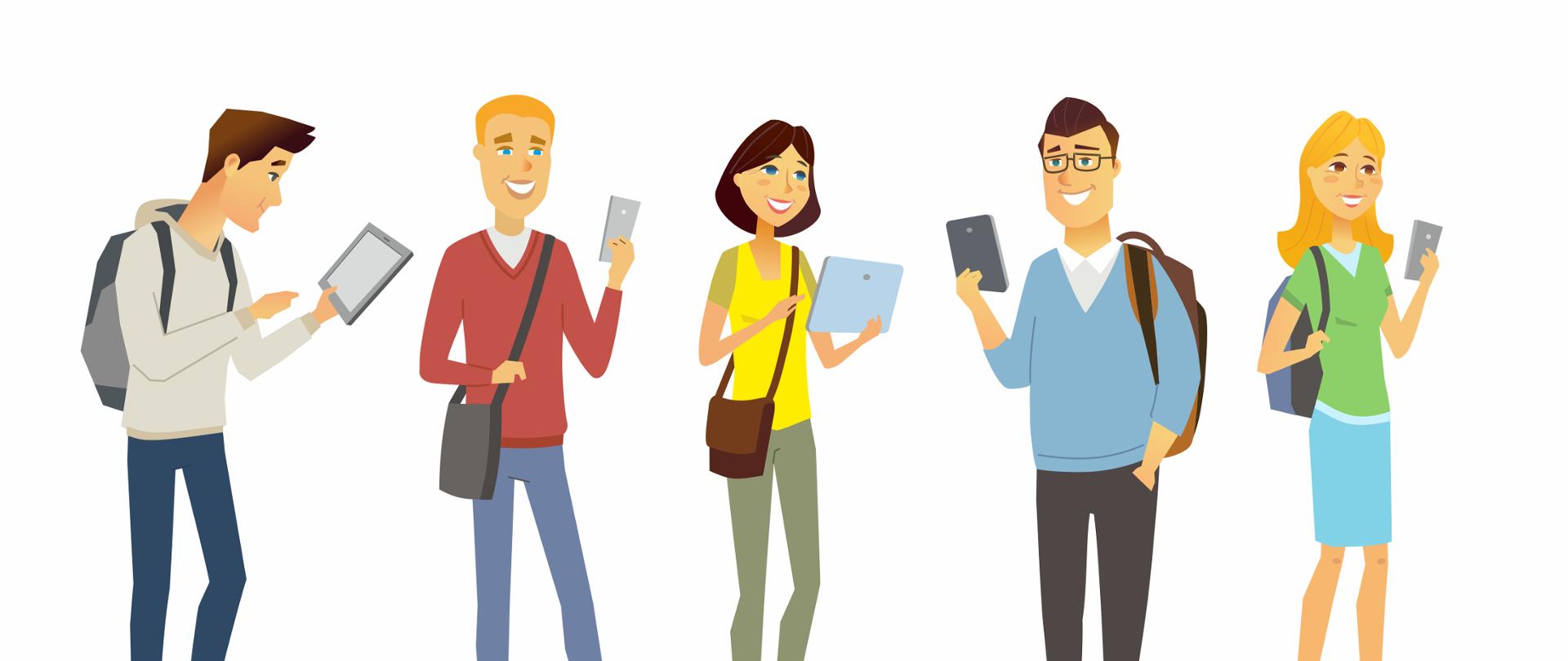 Grafika wektorowa - pięć osób (trzech mężczyzn i dwie kobiety). Każda z nich trzyma w dłoni tablet lub smartfon.