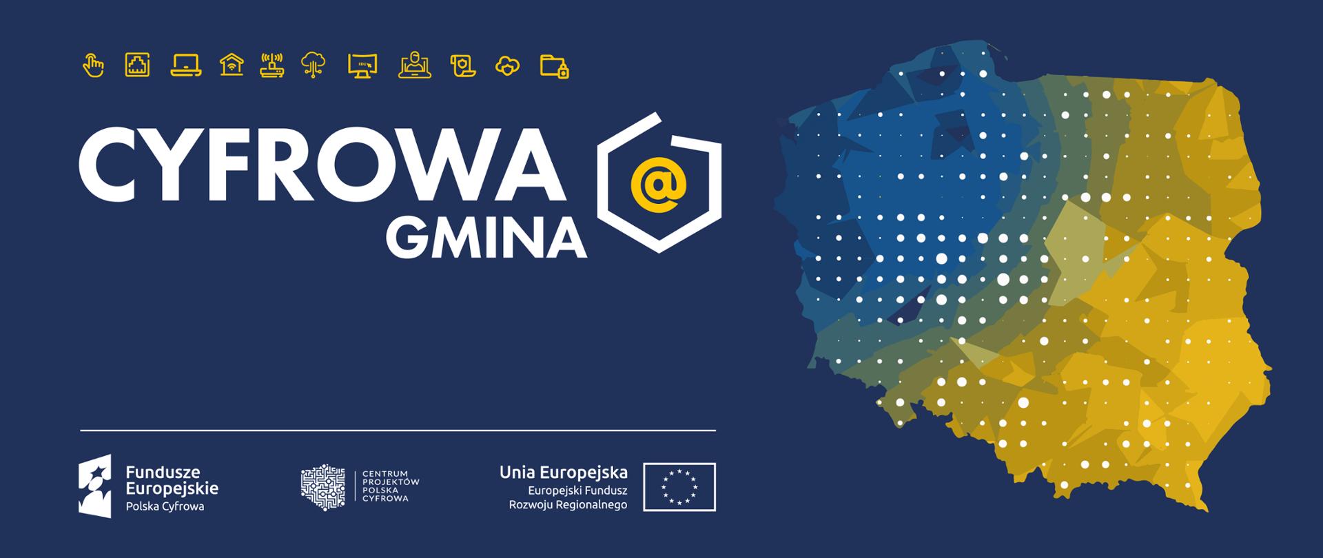 Baner Cyfrowa Gmina. Logociąg: Fundusze Europejskie Polska Cyfrowa, Centrum Projektów Polska Cyfrowa oraz Unia Europejska Europejski Fundusz Rozwoju Regionalnego.