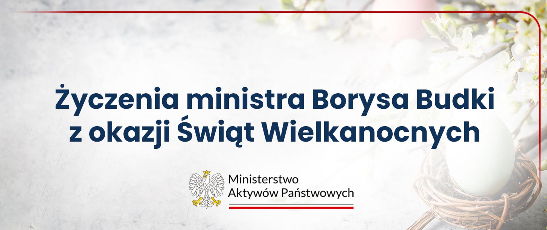 Grafika z napisem "Życzenia ministra Borysa Budki z okazji Świąt Wielkanocnych.", jako tło rozmyte zdjęcie gałązki i jajka. Pod napisem logo MAP.