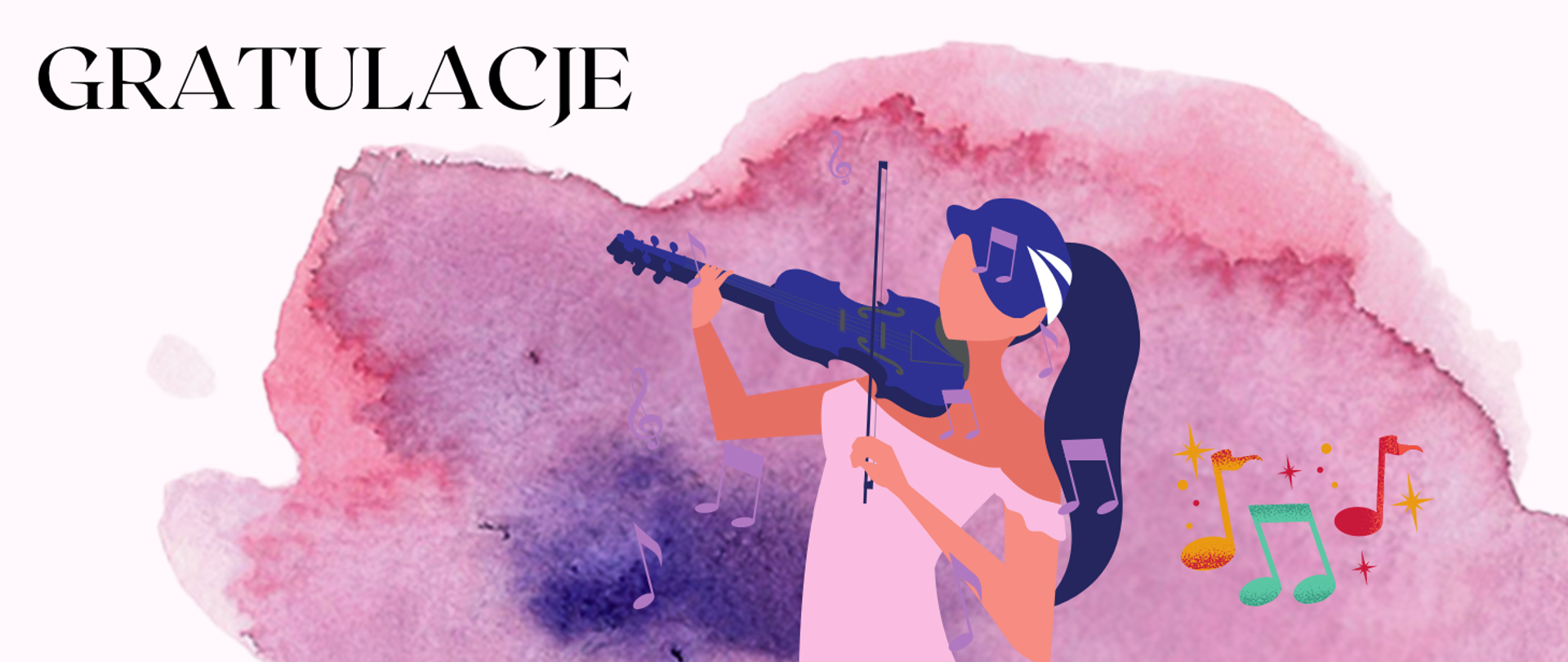 W centralnej części obrazka tło różowe, a na nim wizerunek kobiety grającej na skrzypcach. Obok niej kolorowe nutki. Skrzypce i włosy kobiety są w kolorze granatowym, natomiast sukienka w kolorze blado różowym. W lewym górnym roku czarny napis: "gratulacje".