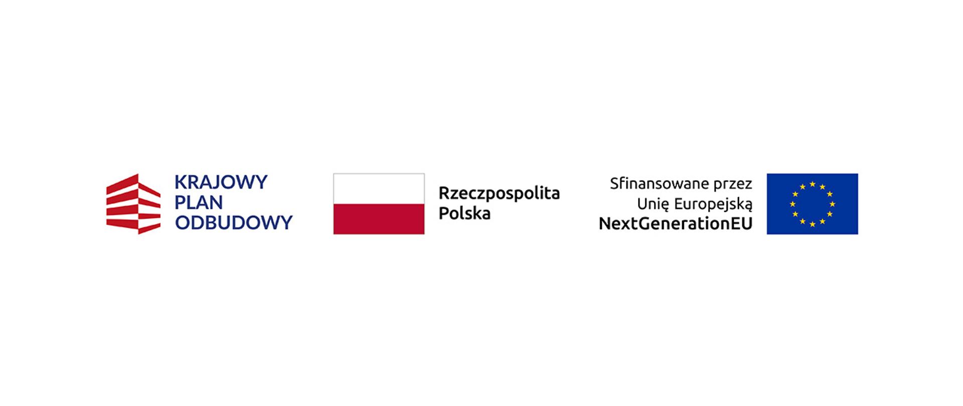 Logo Krajowego Planu Odbudowy, barwy Rzeczypospolitej Polskiej, logo z flagą Unii Europejskiej informujące, że projekt sfinansowano przez Unię Europejską NextGenerationEU.