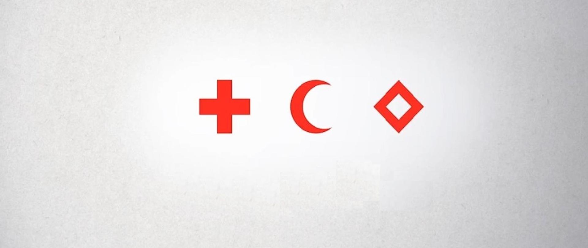 Znaki PCK czerwony krzyż, czerwony półksiężyc i czerwony romb z pustym środkiem