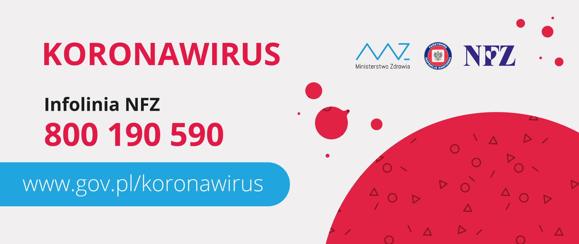 Grafika z hasłem "koronawirus" oraz numerem infolinii NFZ: 800 190 590.
Pod tekstem jest adres strony dotyczącej koronawirusa: www.gov.pl/koronawirus