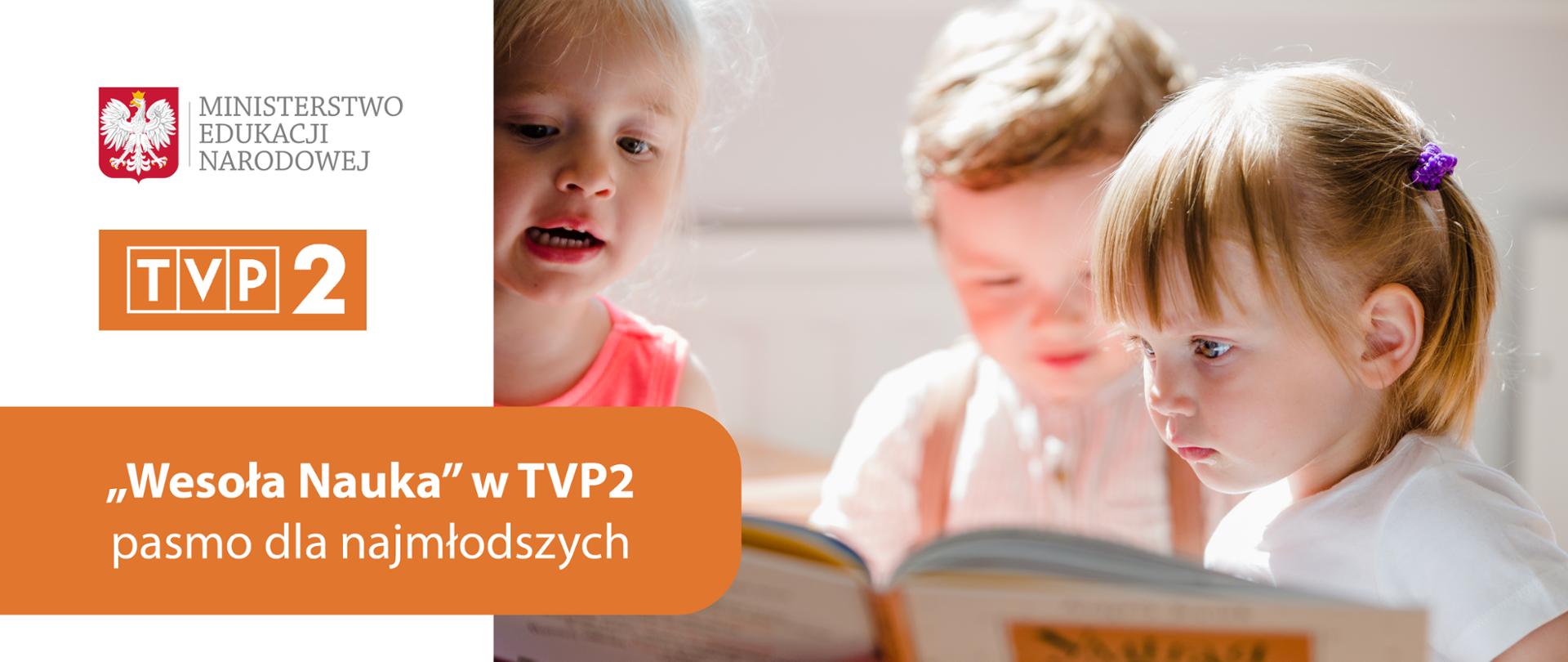 Dzieci w wieku przedszkolnym oglądające książkę. Po lewej stronie logo Ministerstwa Edukacji Narodowej i TVP 2 na białym tle. Pod logo napis na pomarańczowym tle: „Wesoła Nauka” w TVP2 – pasmo dla najmłodszych.