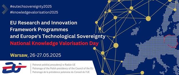 Grafika - na niebieskim tle napisy #EUTechSovereignty2025 i National Knowledge Valorisation Day