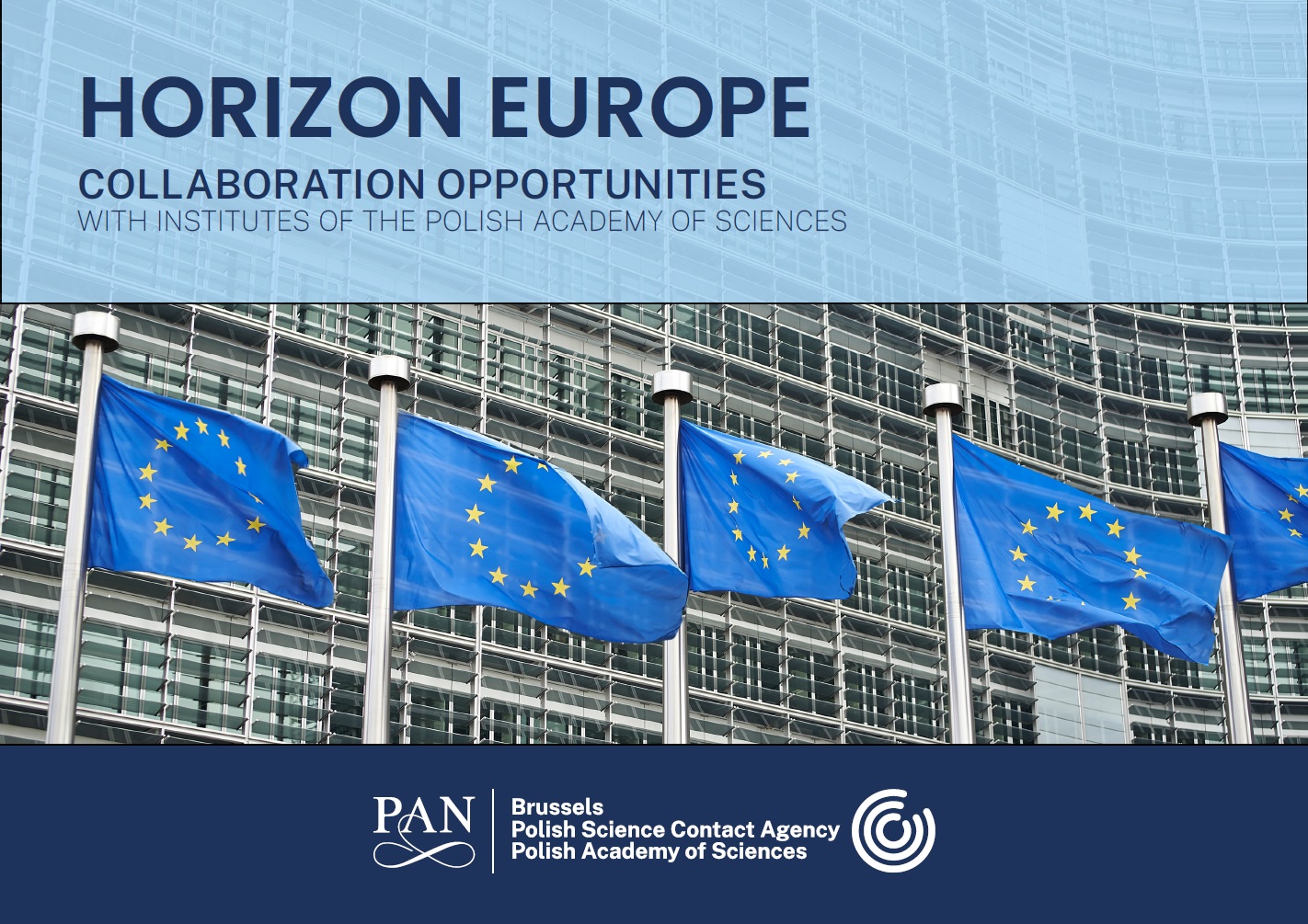 Na tle zdjęcia dużego szarego budynku napis Horizon Europe - collaboration opportunities.