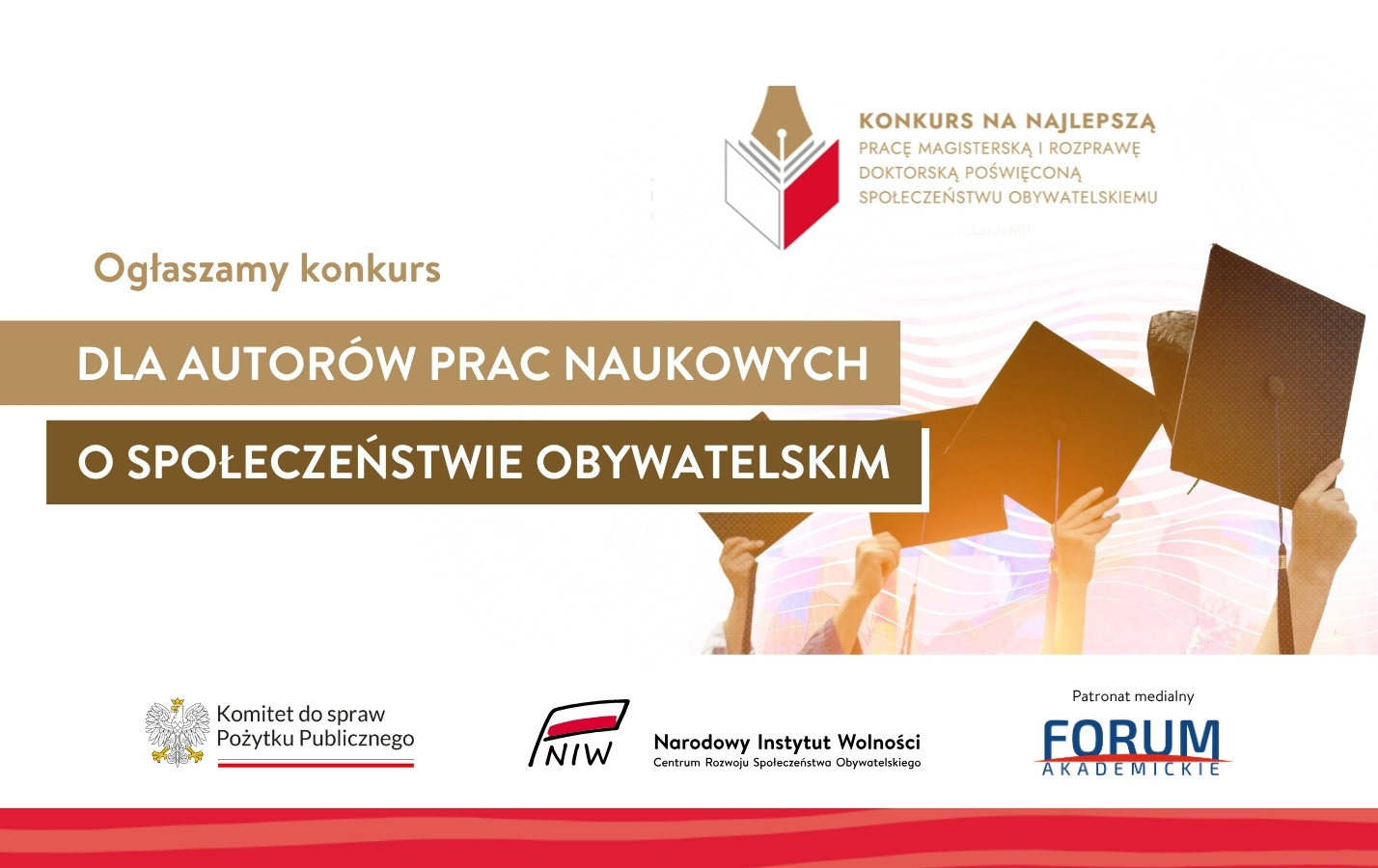 Grafika - na białym tle widać ręce trzymające studenckie czapki i napis Ogłaszamy konkurs dla autorów prac naukowych o społeczeństwie obywatelskim