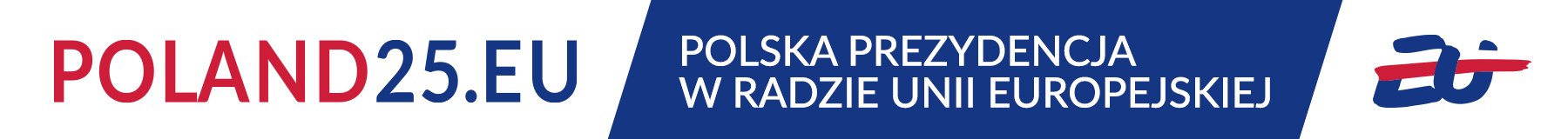 Baner - na biało-niebieskim tle napis Poland25.EU. Polska prezydencja w radzie UE.