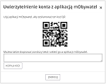 Nieczytelne, bo pomniejszone, okno z QR kodem służącym do parowania aplikacji mObywatel z portalem Bilkom.pl